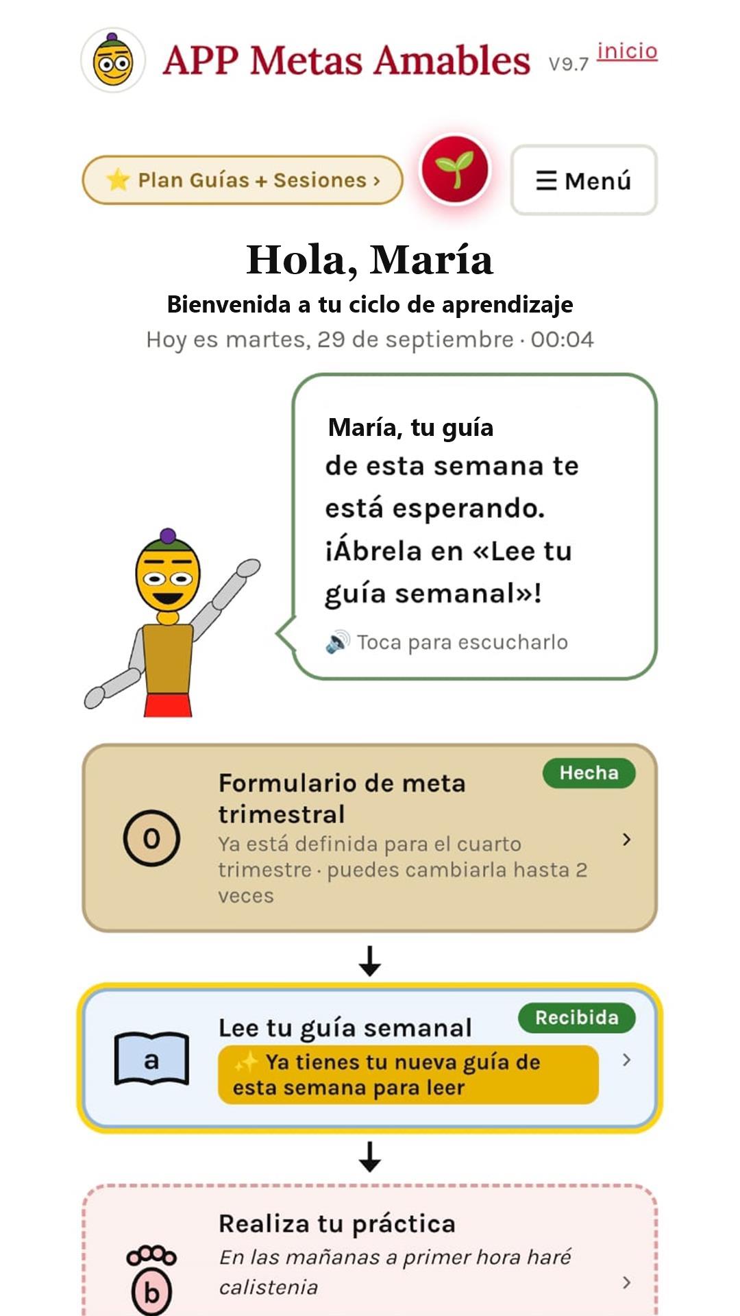 Pantalla de inicio de la App Metas Amables